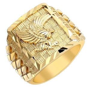 Gold plated eagle relief signet ring for men with wide band and intricate wing details