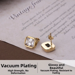 Detail of square zircon stud earrings with gold plating on a vintage paper background