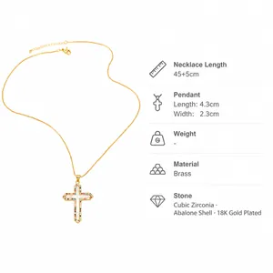 Detalle de dimensiones del colgante de cruz, 4,3 cm de altura con cadena de cobre oro 18K