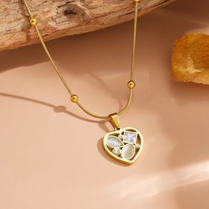 18k gold plated heart necklace with cat eye stone and cubic zirconia on a bead chain