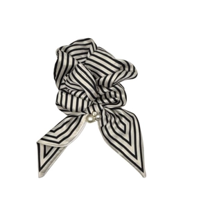 Elegant black and white striped scrunchie with faux pearls and rhinestone details