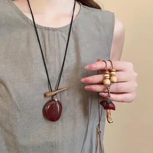 Vintage Ethnic Long Pendant Necklace Resin Mushroom Wood Beads Handmade Sweater Chain Forest Style Accessory Women