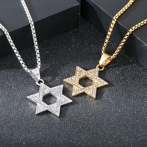 Hip hop iced out star of David pendant necklaces in gold and silver stainless steel