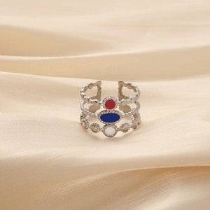 Elegant stainless steel open ring with red blue and white enamel star moon design