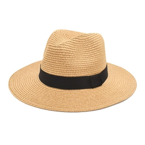 Summer Straw Fedora Hat Wide Brim Panama Sun Hat With Black Ribbon For Men Women Beach Travel Breathable