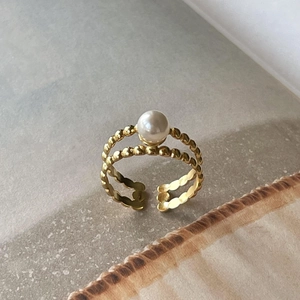 Minimalist S925 sterling silver pearl ring featuring a double-layered gold finish band