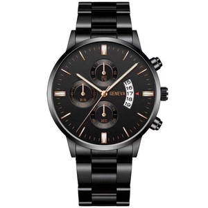 Close-up of black dial with rose gold accents and three sub-dials on a metal watch