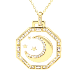 Octagon moon and star pendant necklace in gold finish with micro-inlaid zircon stones