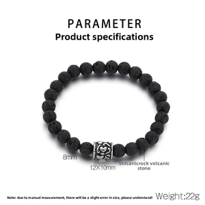 Macro detail of 8mm black volcanic stone beads with a 12x10mm silver steel transfer bead