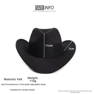 Detailed size guide for black wool felt western cowboy hat showing 7cm brim and 57cm crown