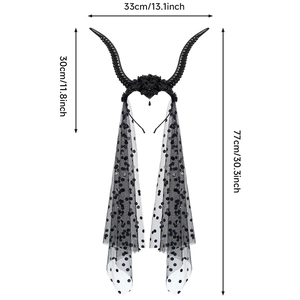 Gothic black devil horns headband with long polka dot mesh veil and size dimensions