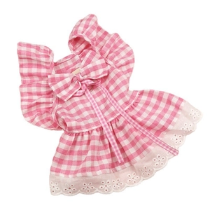 Pink and white plaid pet dress for dogs and cats with lace embroidery and bow decoration