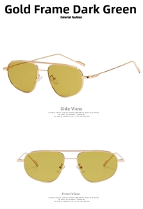 Detail view of gold aviator sunglasses with double bridge and yellow translucent lenses