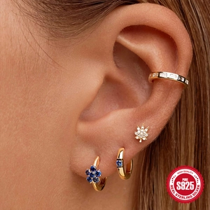 Classic S925 sterling silver gold earrings set featuring blue zircon and leaf studs