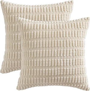 Set of two cream corduroy square pillow covers with vertical textured stripe pattern