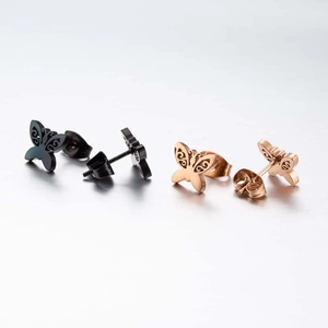 Surgical steel butterfly stud earrings set with hollow wings in black and rose gold
