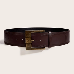 Vintage dark brown wide leather belt with bronze square buckle and stitched edges
