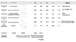 Size chart for women textured top showing XS-L measurements and polyester fabric details