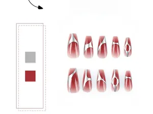 Détail de faux ongles ballerine avec dégradé rouge et lignes géométriques argentées
