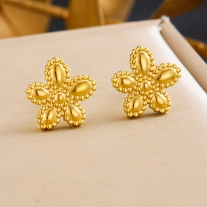 Gold-plated stainless steel flower stud earrings with detailed bead texture design
