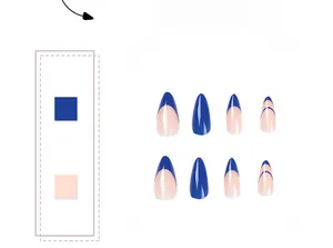 Detailed set of blue and nude French stiletto press-on nails with minimalist line art