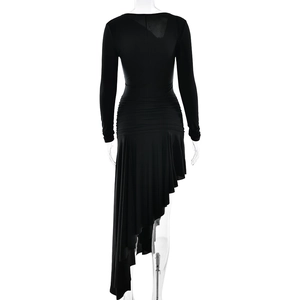 Back view of black slim-fit dress with ruched waist and asymmetrical hemline details
