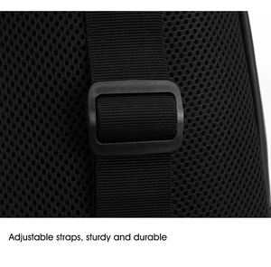 Detail of adjustable black mesh shoulder strap with sturdy durable plastic buckle