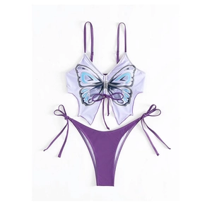 Detail of purple bikini top with butterfly print and crossover tie front design