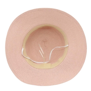 Detail of pink straw hat interior with adjustable drawstrings and sweatband