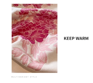 Macro detail of soft cashmere-feel fabric with pink peony floral jacquard texture