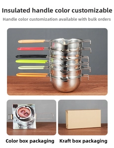 Detail of 304 stainless steel melting pot with colorful heat-resistant handles and packaging