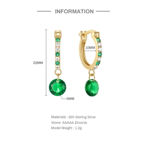 Detail of S925 silver emerald hoop earrings showing dimensions 22mm height and 10mm width