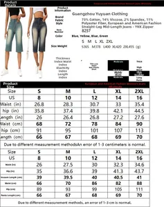 Size chart for women's denim shorts showing fabric composition and measurements