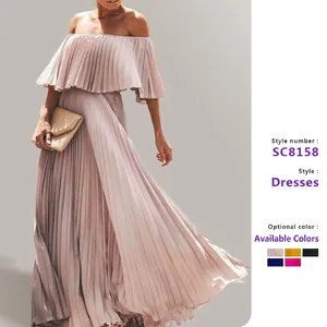 Elegant Off Shoulder Pleated Maxi Dress For Women Chiffon Flowy Evening Party Long Dress Solid Color Backless Gown