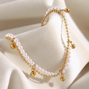 Collier double rang en acier inoxydable plaqué or 18K avec perles blanches et billes