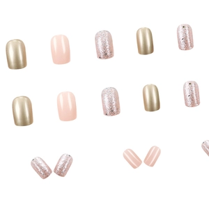 Classic champagne gold and nude pink glitter press-on nails in short square shape