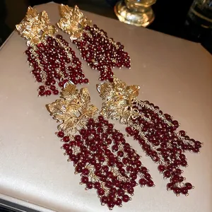 Elegant gold leaf and burgundy grape cluster long tassel earrings in vintage french style
