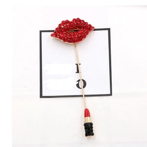 Chic rhinestone red lip and lipstick tassel brooch pin for women with gold plating
