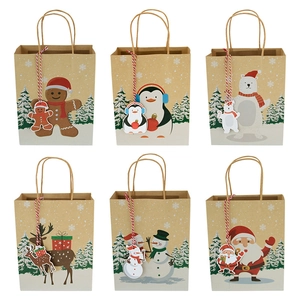 Christmas Kraft Paper Gift Bags With Handles And Cartoon Tags Santa Claus Reindeer Snowman Pattern Party Favor Packaging