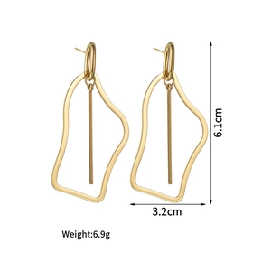 Irregular hollow geometric titanium earrings in gold finish with vertical bar pendant