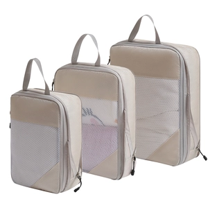 Travel compression organizers 3-piece set with mesh windows and handles in beige