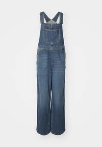 Detailed view of durable denim fabric and stitching on blue overalls for women