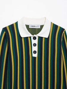 Close-up of contrast white polo collar and dark buttons on green striped knit top