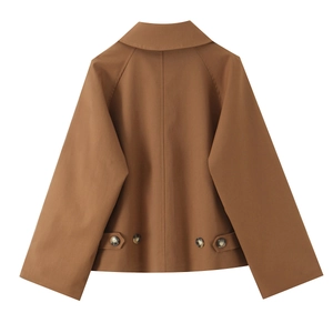 Back view of a cropped caramel brown trench coat with lapel collar and adjustable hem