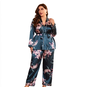 Women's plus size satin floral bathrobe set with lace-up top and matching pants in dark teal