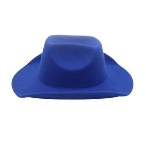 Close-up of royal blue felt cowboy hat featuring a classic indented crown and wide flat brim