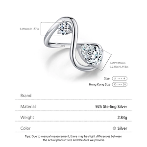 S925 sterling silver S-shaped ring with brilliant pear and round-cut cubic zirconia