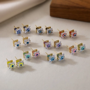 Western Fashion Square Evil Eye Stud Earrings For Women Copper Rhinestone Geometric Dainty Jewelry Trendy Eye Earrings