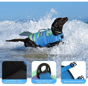 Pet life vest detail showing heavy-duty D-ring, breathable velcro and quick release buckles