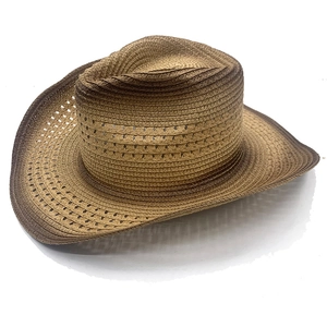Detail of a brown gradient woven cowboy hat with breathable openwork and rolled brim
